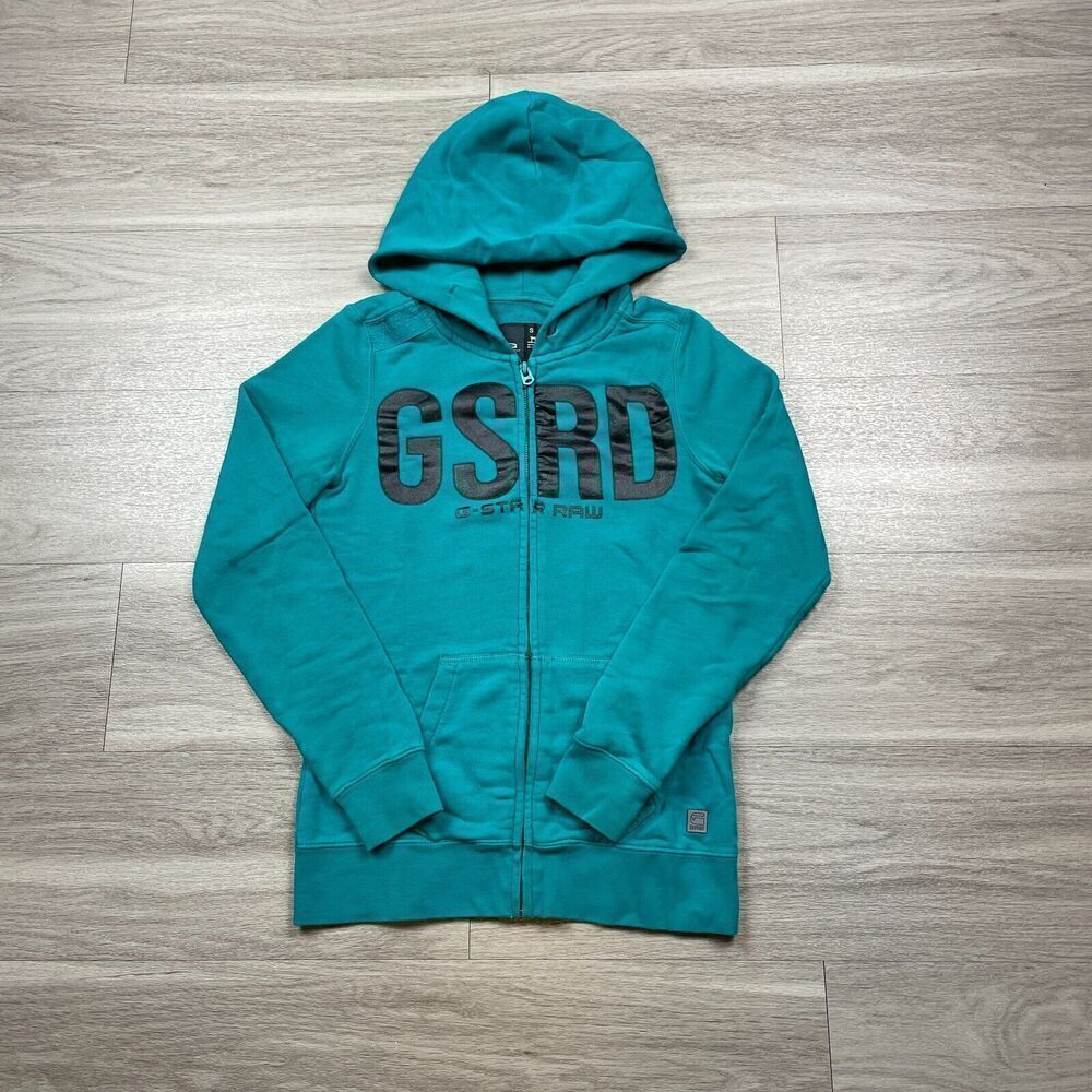 G Star Raw Womens Hoodie Small Green Full Zip Spell Out Casual